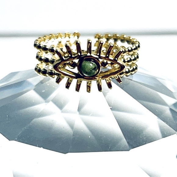 Jewelry - 2/$20 ✨ LAST ONE! Evil Eye Beaded 18k Gold Plated Ring with Natural Green Stone